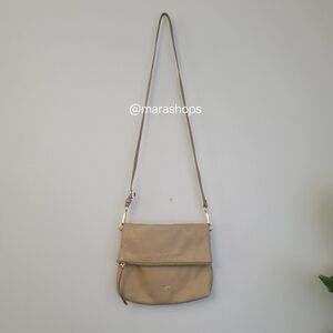 Margot Robbie Fold Over Taupe Leather Crossbody Bag